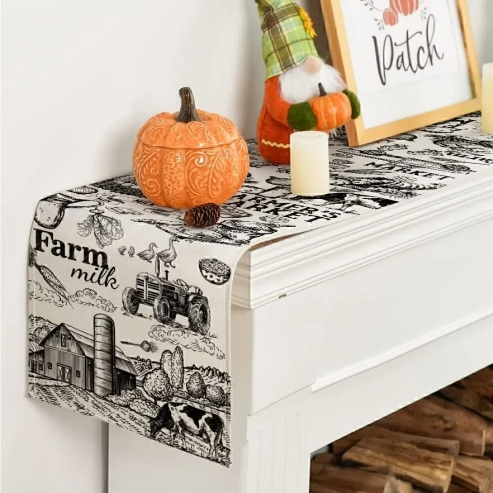 Tractor Milk Farm Table Runner, Cow House Fall Kitchen Dining Table Decoration